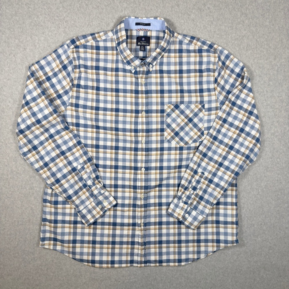 Ben Sherman Mens XXL Blue Tan Plaid Stretch Long Sleeve Button Down Shirt